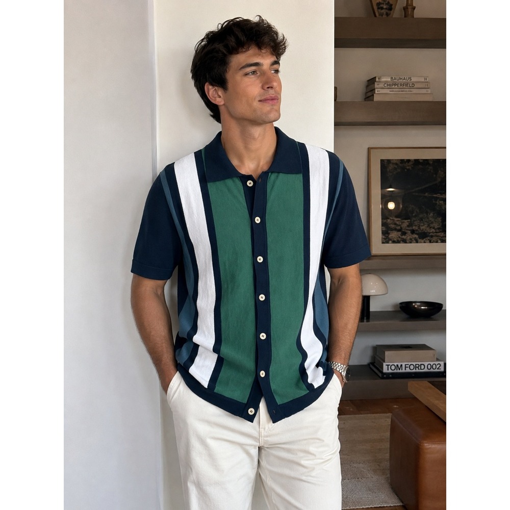Far Afield Knit Polo Shirt Men XL Stripe Organic Cotton Button Up Sz 4 Retro